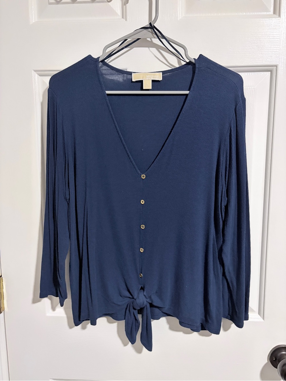 Michael Kors Navy 3/4-Sleeve V-Neck Button Tie Front Top